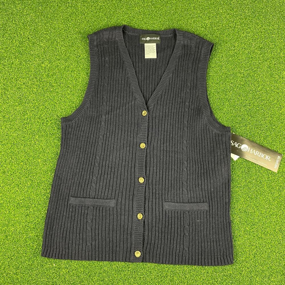 VTG Sag Harbor Black V-Neck Button Front Cable Academia Sweater Vest Sz M NEW